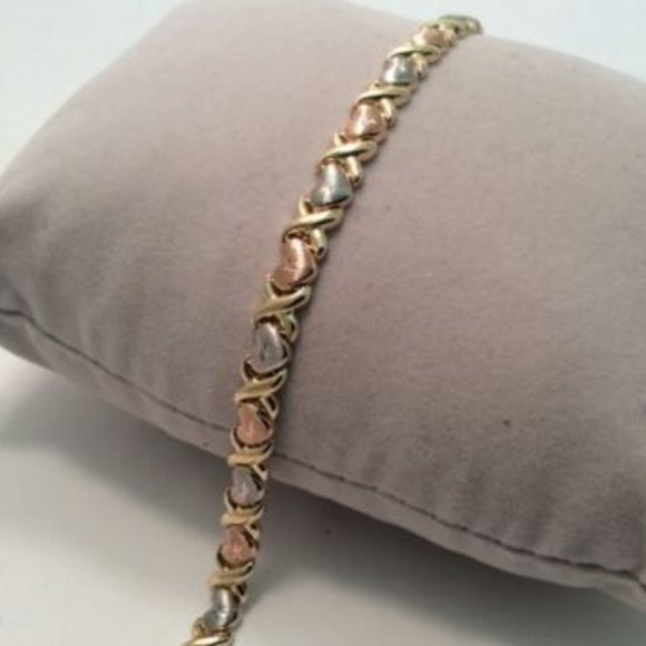 Lady 14k Tri-Color REAL Solid Gold XO Hearts and Kisses Cz Bracelet 7 1/4'' 5.3g - Picture 1 of 8